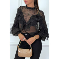 Blouse noir en tulle avec broderie et volant