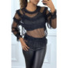 Blouse noire à tulle plumetis et dentelle en volants, à collerette